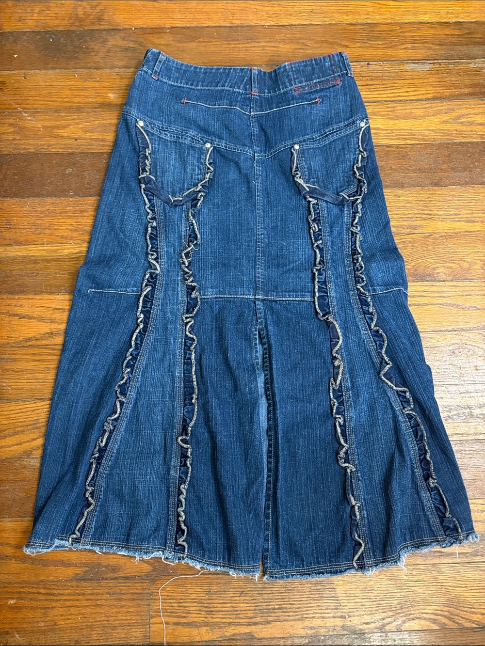 Marithe Francois Girbaud Vintage Y2K Dark Blue Denim Maxi Skirt Ruffle Seams 26